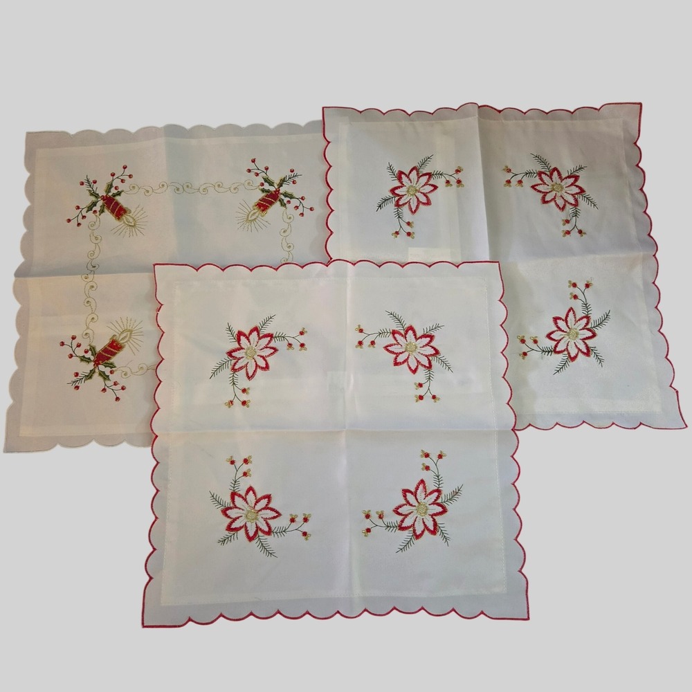 3pc Christmas Embroidered Pillow Covers Poinsettia Candle Scalloped Edge White